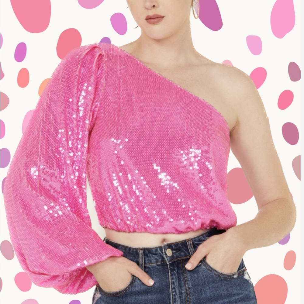 REVOLVE Size XS Show Me Your MuMu Pink Sequin Crop top, Balloon sleeve! NWT